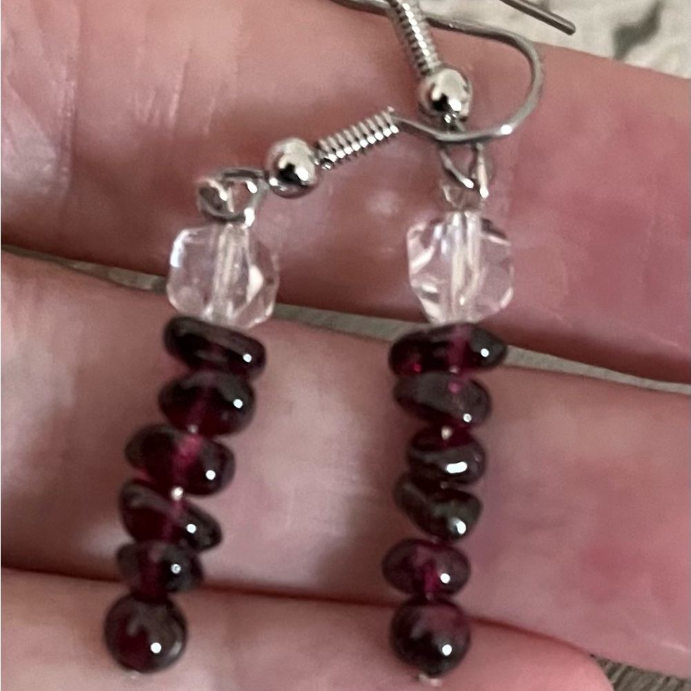 Gorgeous Handmade Natural Garnet and Quartz Crystal Dangle Earrings!